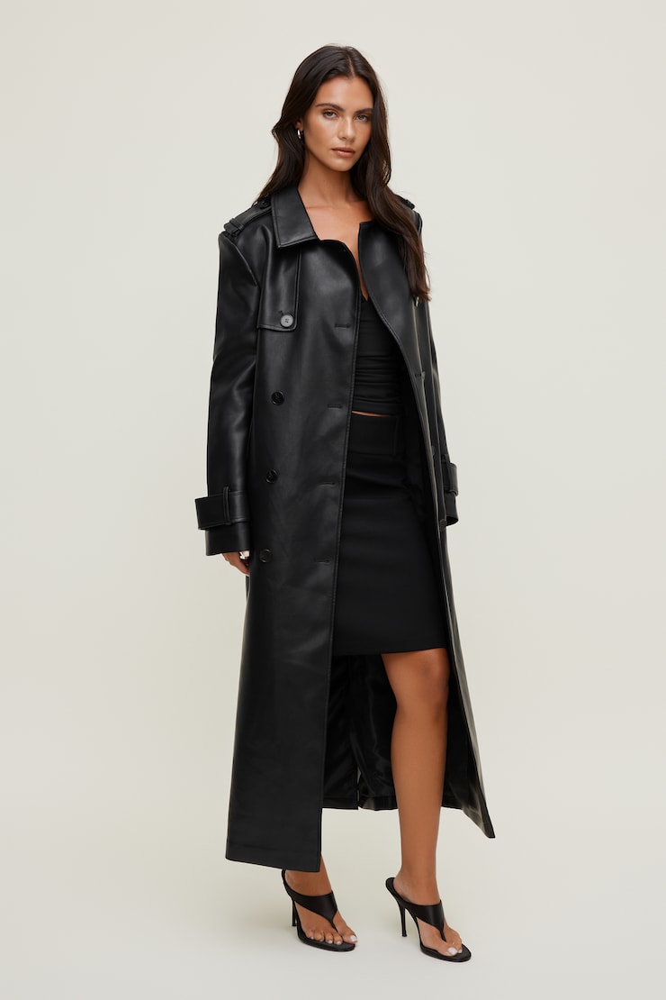 Faux Leather Trench Coat Jet Black large