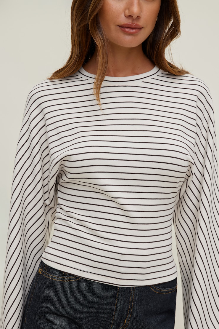Striped Dolman Heavy Cotton Top Sea Salt Cream w/ Java Brown Stripe large