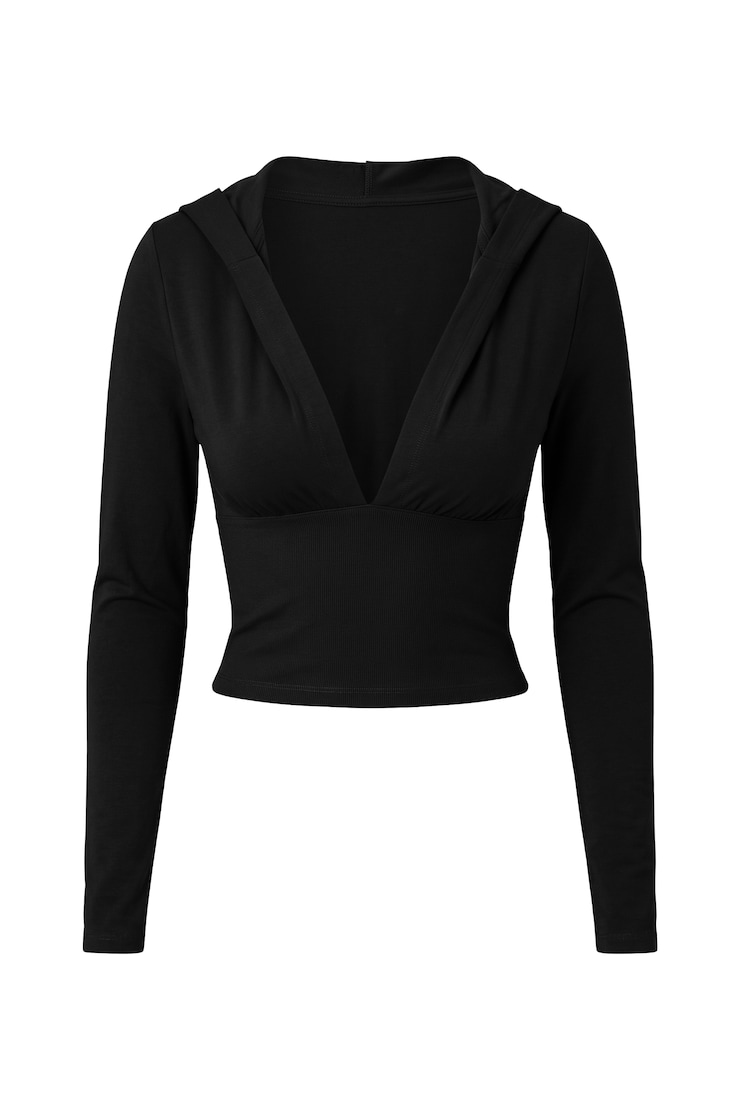 Plunge Hooded Long Sleeve Top, Jet Black, large