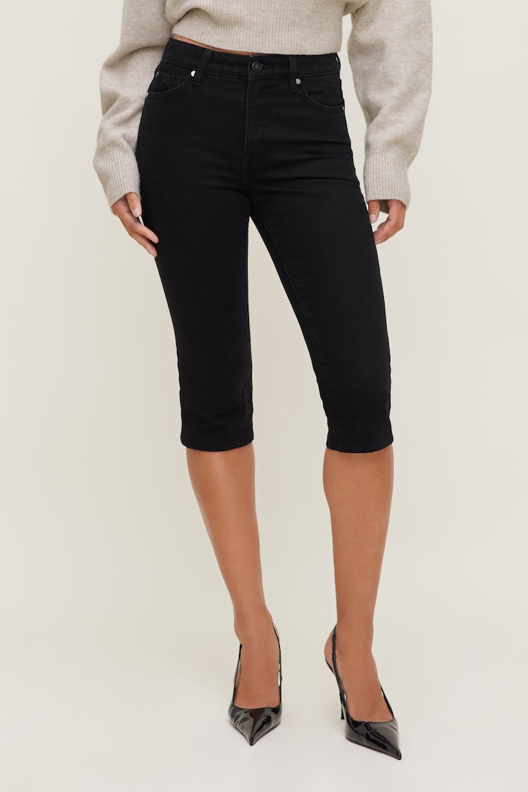 Jean capri extensible à taille haute Indigo foncé / Noir fumé large