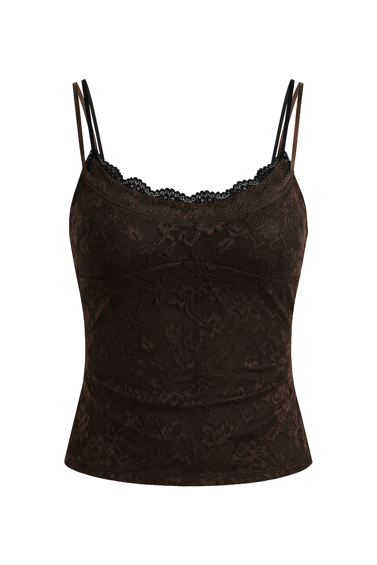 Double Layer Lace Cami Top, Chocolate Mousse Brown, large