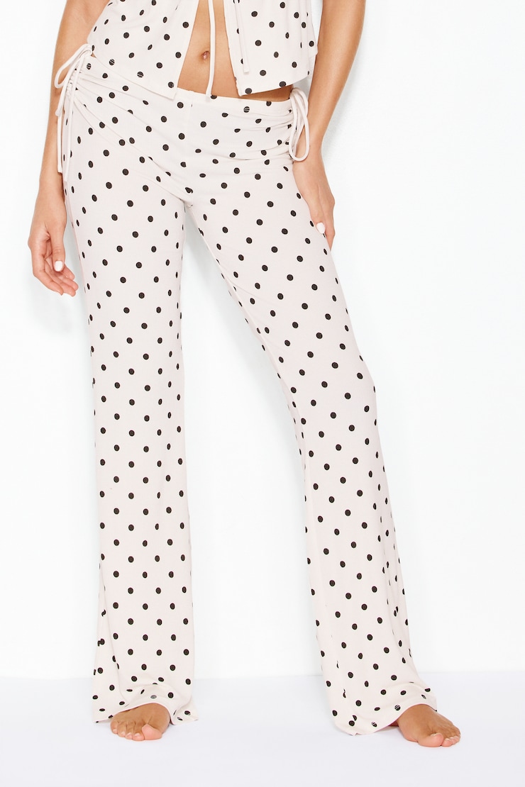 SuperSoft Ribbed Cinched Pants, Sweet Cream/Brown Dots, large