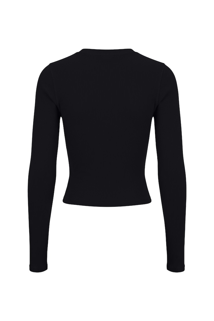 SnatchRib Crewneck Henley Long Sleeve Top, Jet Black, large