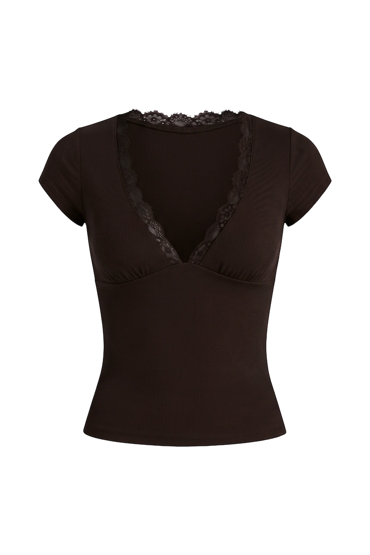 T-shirt à col plongeant et bordure en dentelle SnatchRib, Mousse brune au chocolat, large