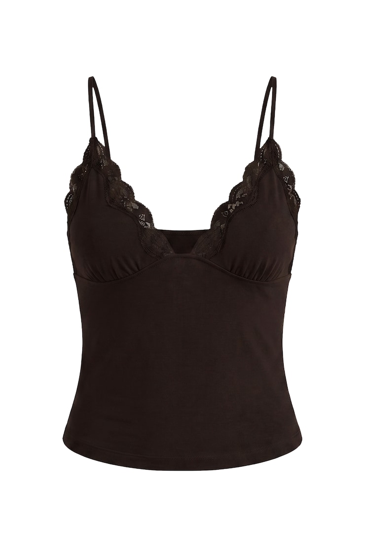 Plunge Lace Trim Cami Top, Chocolate Mousse Brown, large