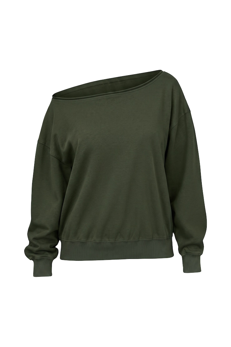 SoftTerry Off Shoulder Sweatshirt, Olive Obsession, large