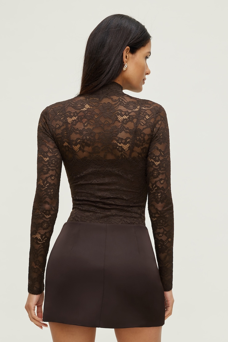 Mock Neck Lace Bodysuit Brown | Dynamite