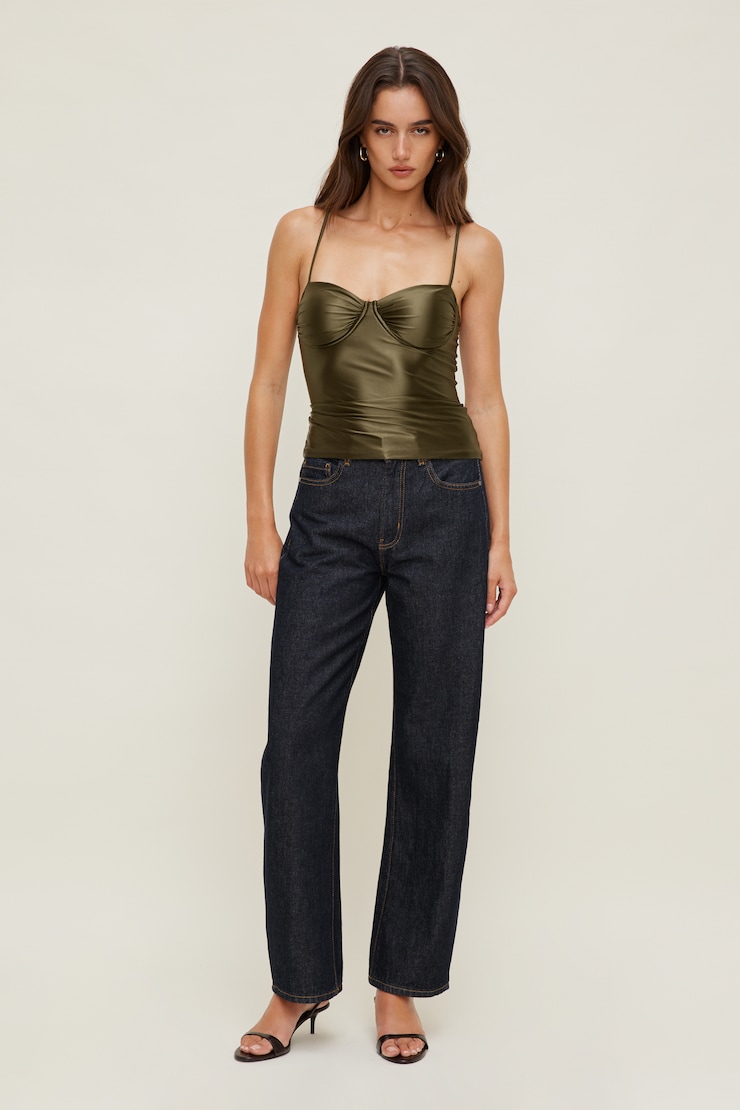 Monet Stretch Satin Top Dark Olive Khaki large