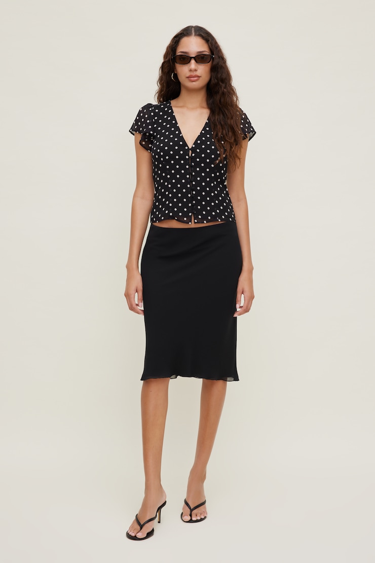 Flutter Sleeve Blouse Black w/ White Polka Dots large