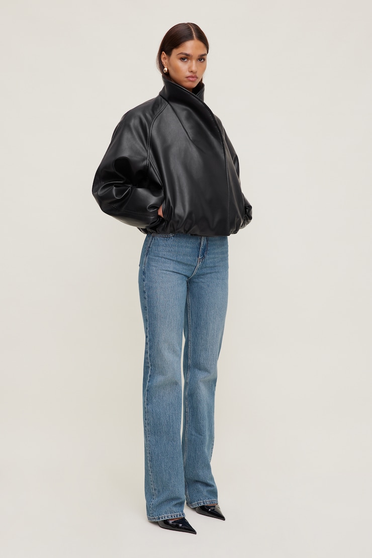 Wrap Faux Leather Bomber Jacket Jet Black large