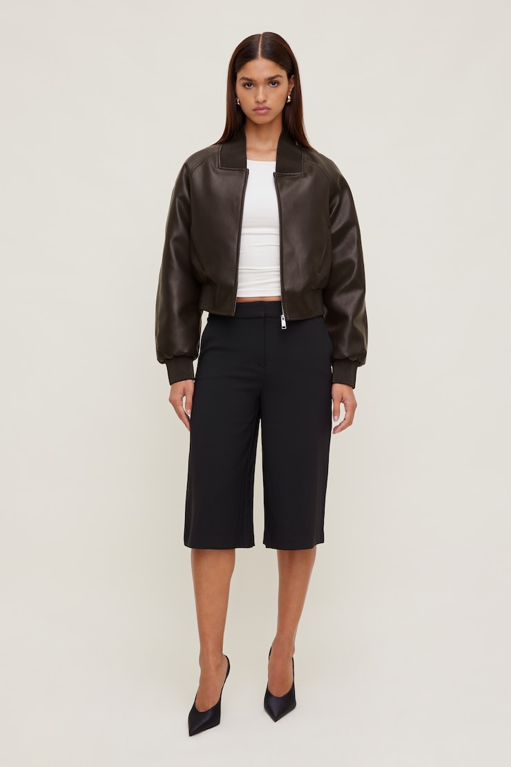 Ribbed Faux Leather Bomber Jacket French Mole Brown large