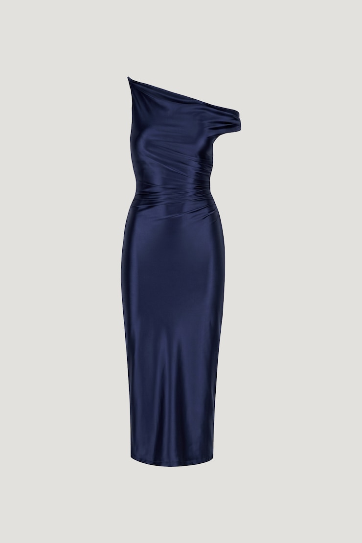 Jayde Stretch Satin Midi Dress Ocean Cavern Navy large
