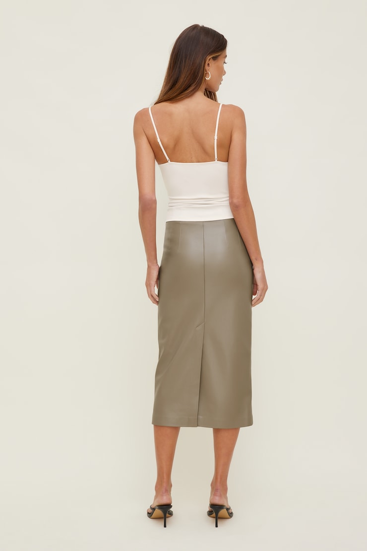 Shiloh Faux Leather Midi Skirt Dry Clay Taupe large