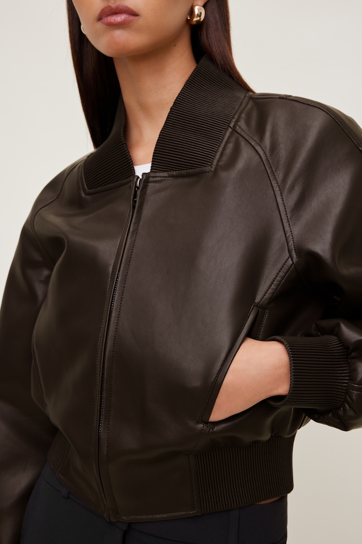 Ribbed Faux Leather Bomber Jacket
