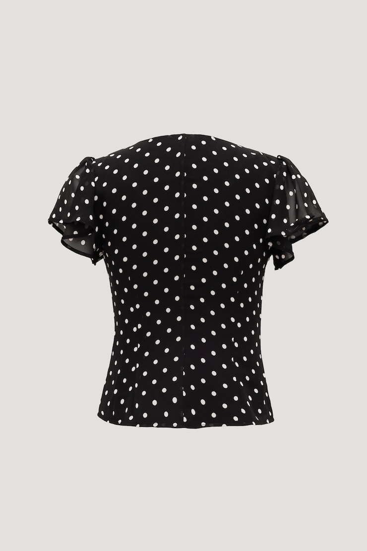 Flutter Sleeve Blouse Black w/ White Polka Dots large