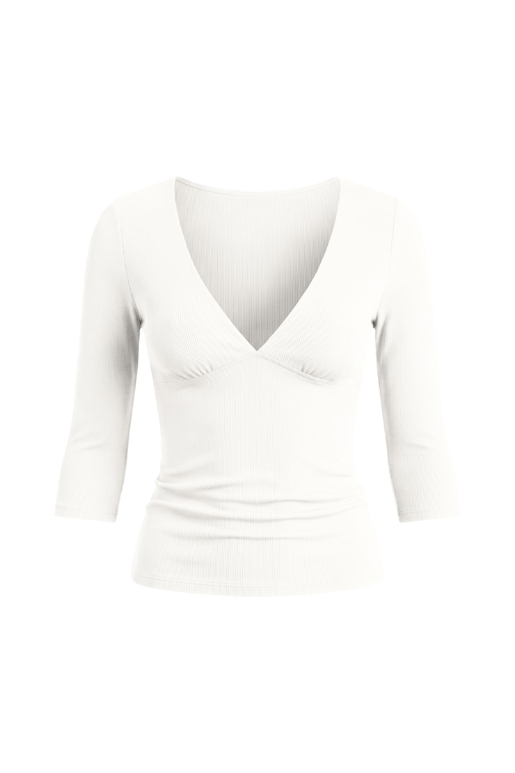 Plunge 3/4 Sleeve Top, Coconut Whip Beige, large