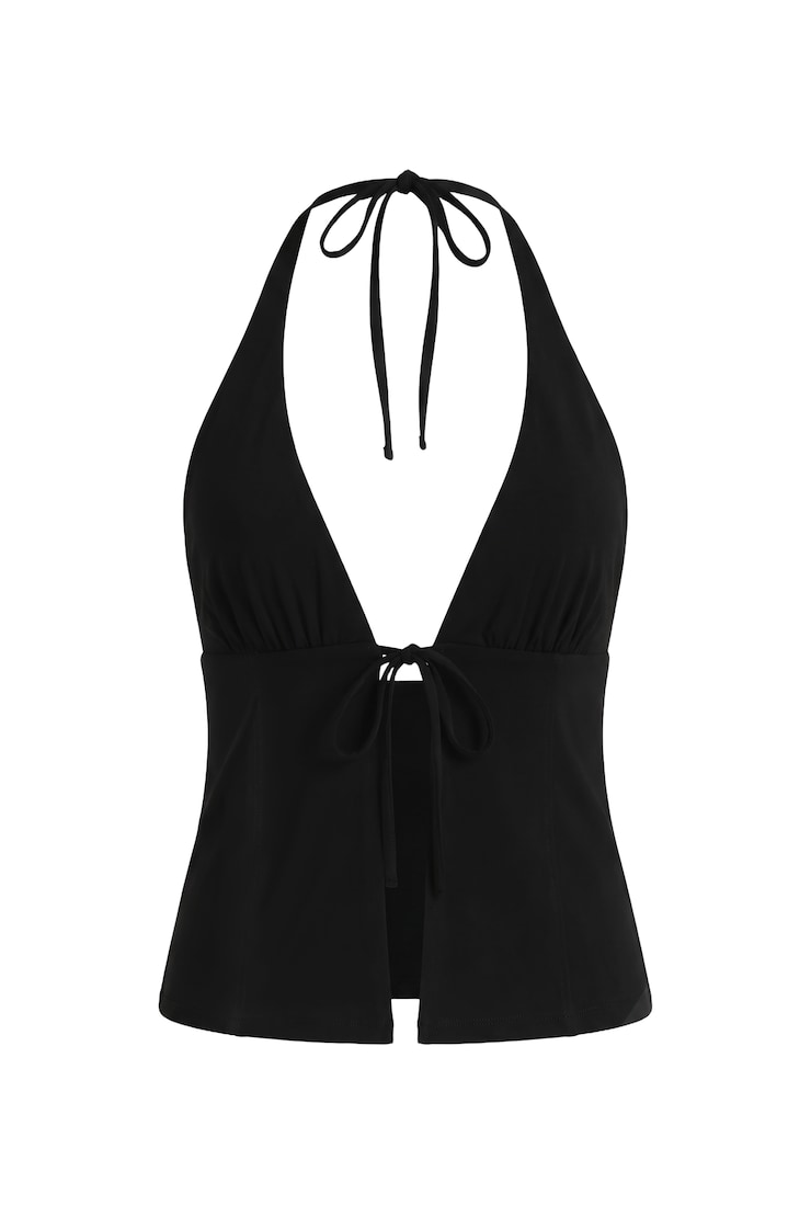 Plunge Tie Front Halter, Jet Black, large