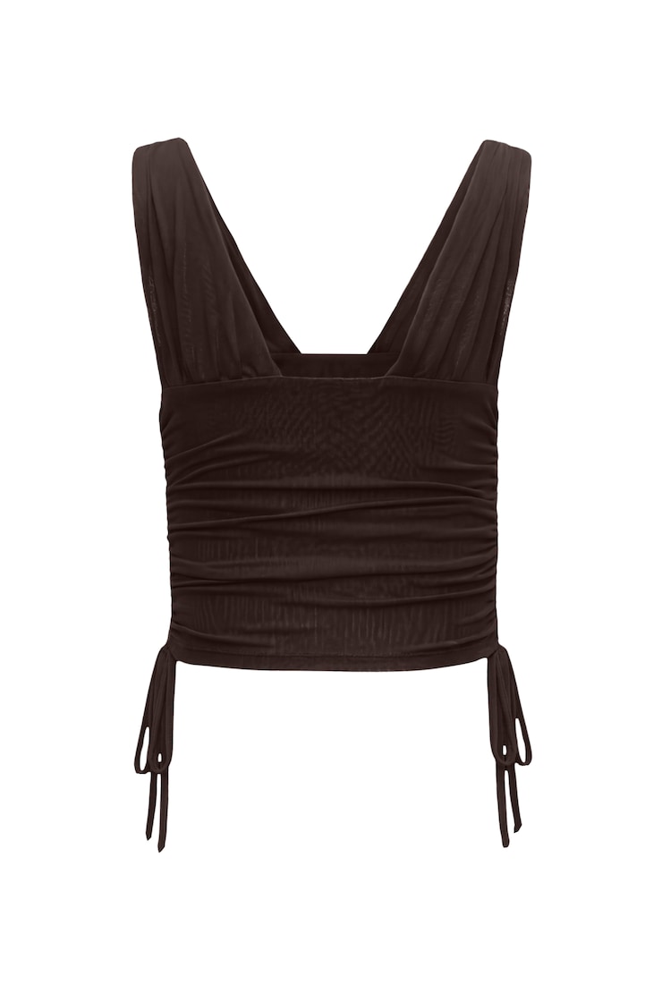 Plunge Ruched Tie Mesh Top, Chocolate Mousse Brown, large