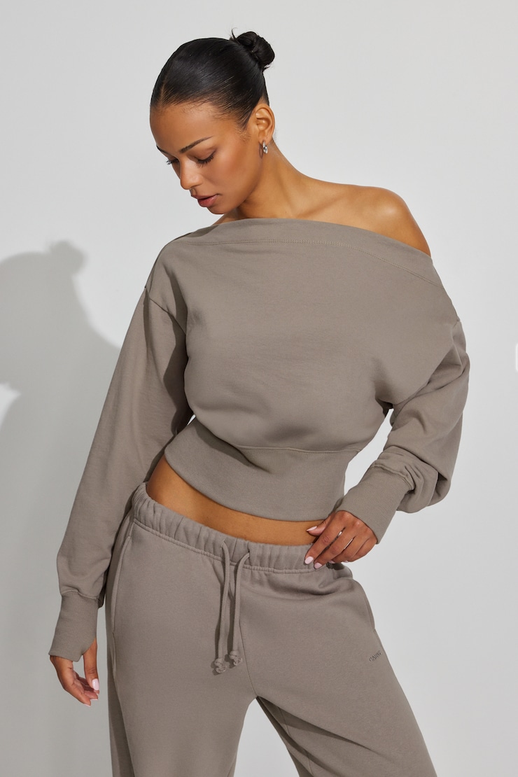 SoftTerry™ Rib Off Shoulder Sweater Beige | Garage