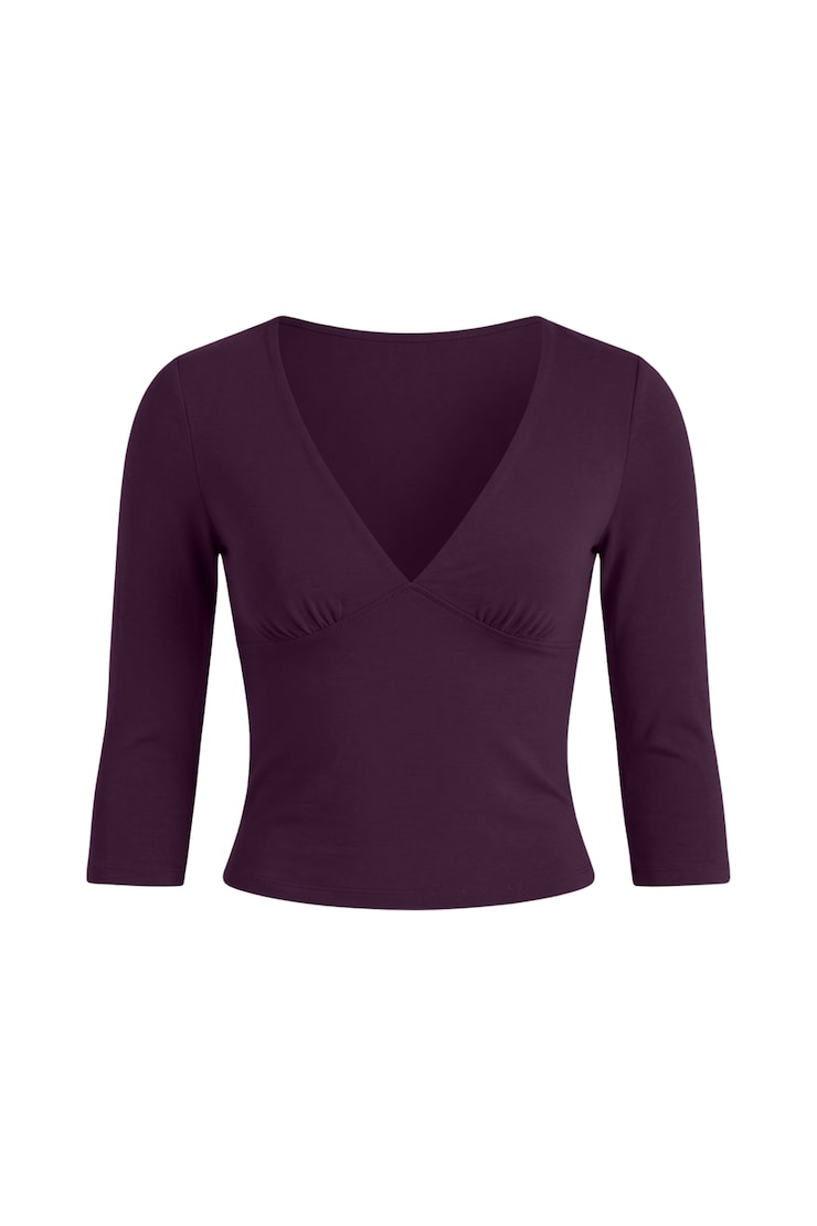 Plunge 3/4 Sleeve Top, Wild Berry Maroon, large