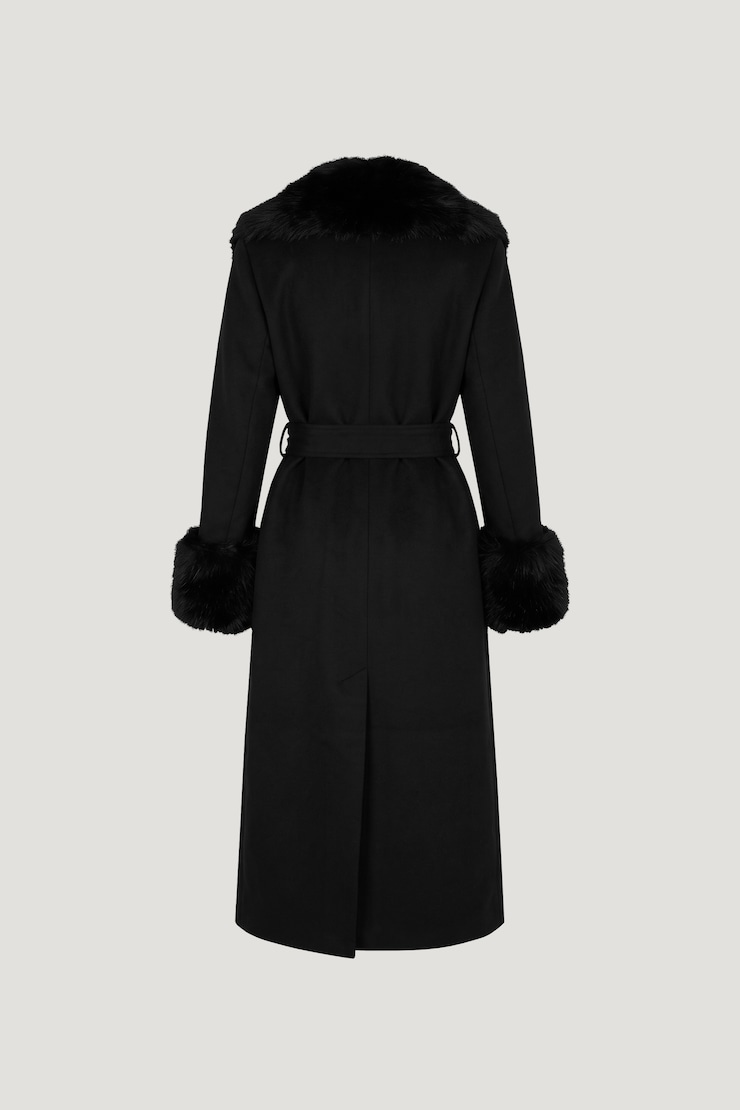 Faux Fur Trim Wool Coat Jet Black large