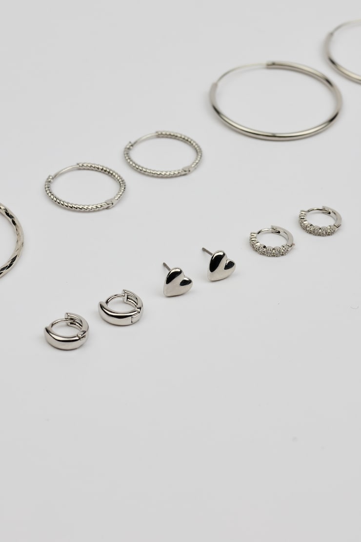 6 Pack of Mini Studs & Thin Hoop Earrings, Silver, large