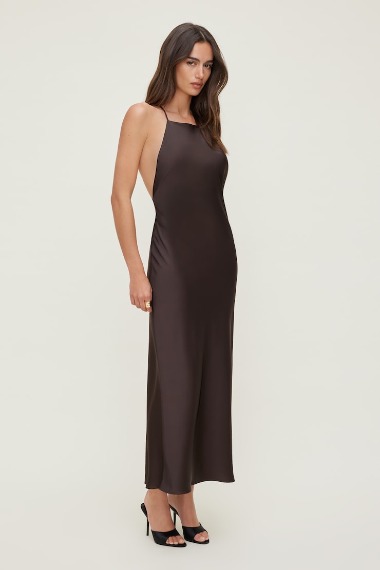 Open Back Satin Maxi Slip Dress Chocolate Torte Brown large