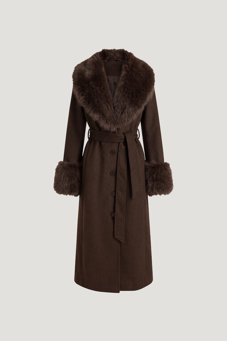 Faux Fur Trim Wool Coat Armadillo Brown large