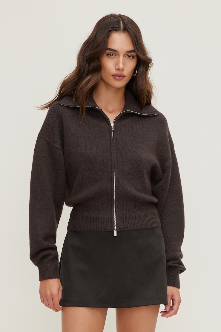 Sage Funnel Neck Zip Sweater Java Brown large