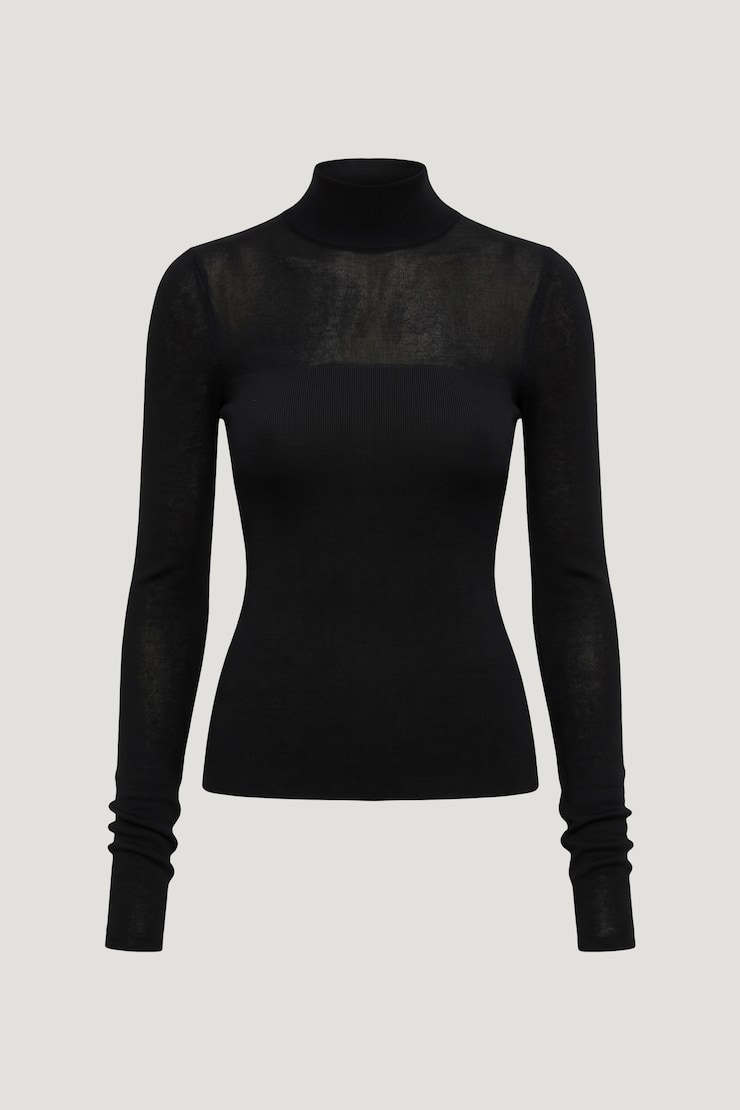 Sheer Opaque Mock Neck Sweater JET BLACK large