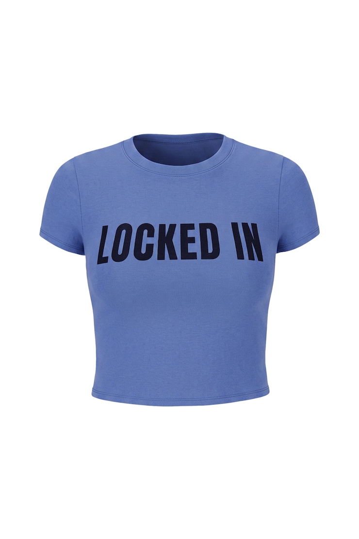 SuperSoft Cropped Crewneck T-Shirt, Blue Blush with Locked In Art, large