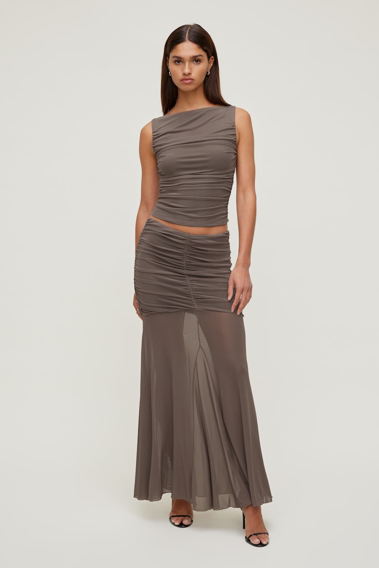 Ruched Mesh Tank Top Iron Taupe large