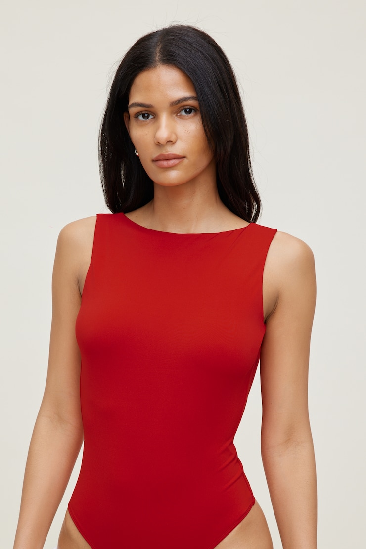 Sculpt Cowl Back Bodysuit Goji Berry Red large