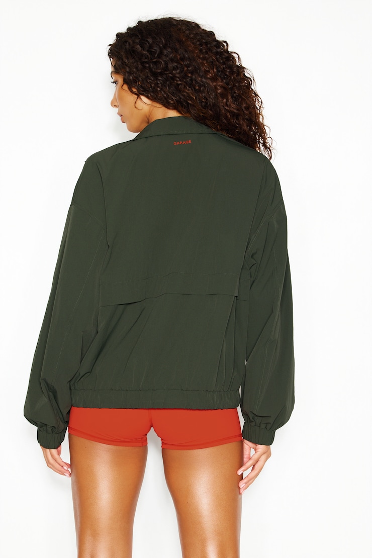 Long Water Repellent Windbreaker, Olive Obsession/Spicy Paloma Orange, large