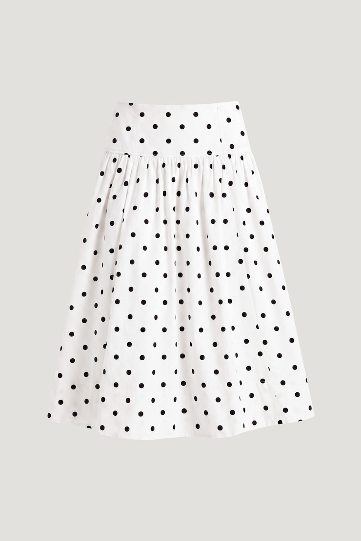 Drop Waist Poplin Midi Skirt White w/ Black Polka Dots large