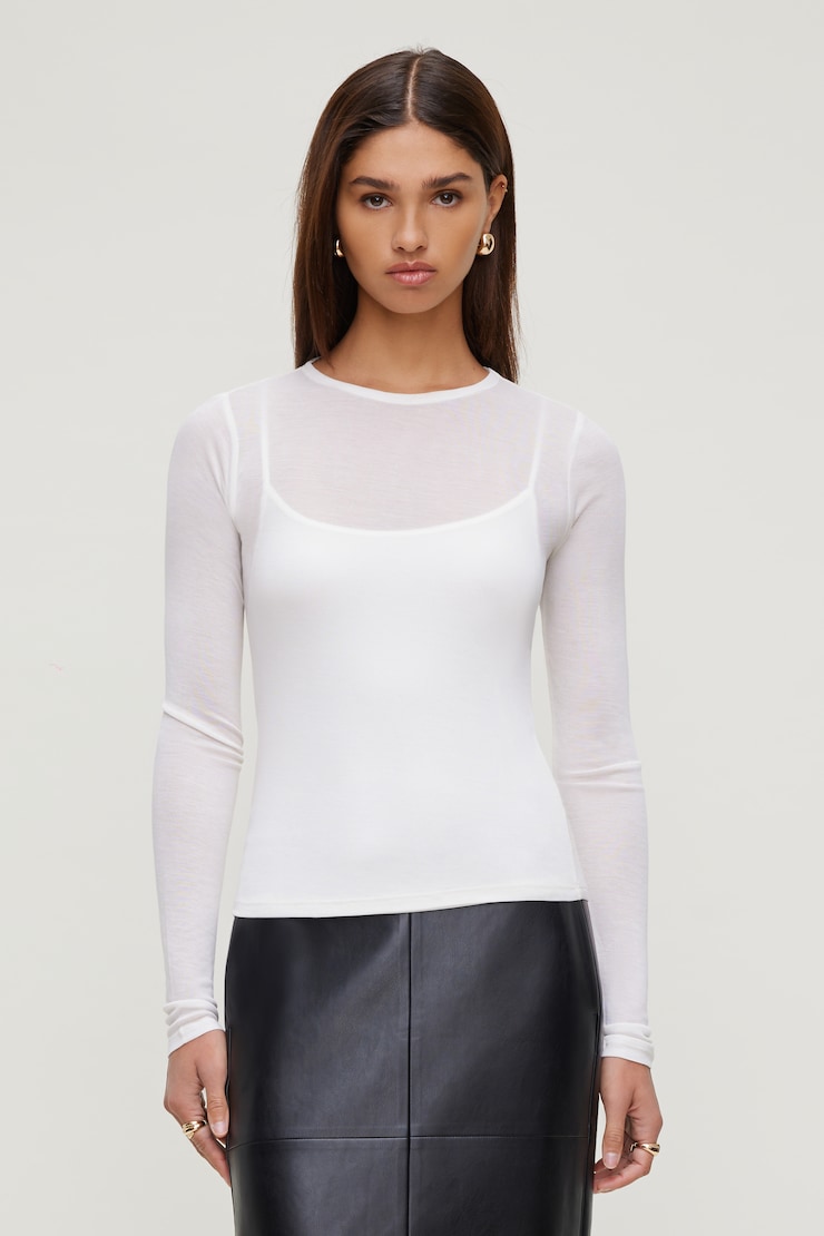 Sheer Layered Cami and Long Sleeve T Shirt Sea Salt Cream large
