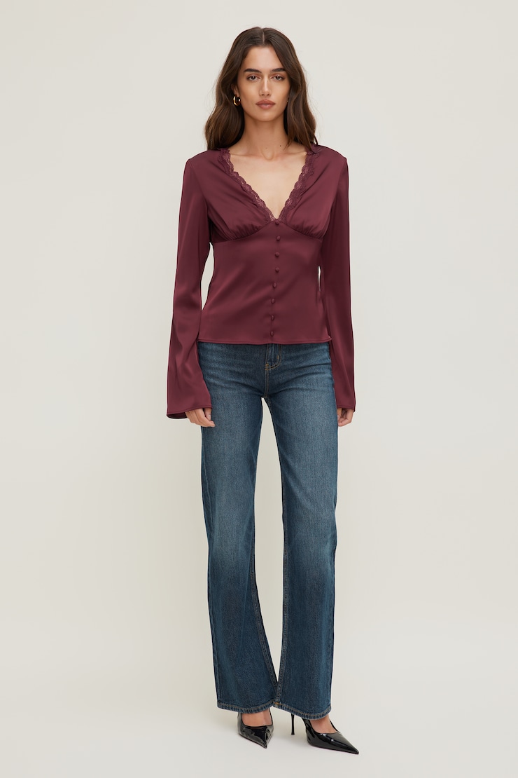 Satin Long Sleeve Blouse Maroon Banner large