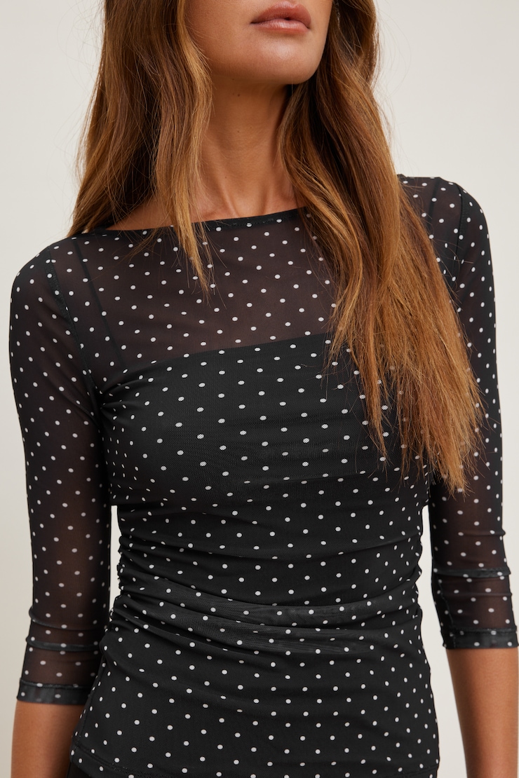 Maude Mesh Top Black w/ White Polka Dots large