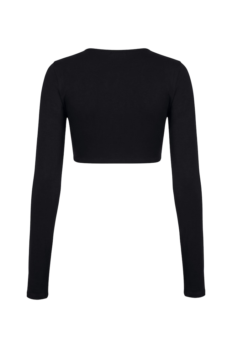 Sleek Tie Front Micro Long Sleeve Top, Jet Black, large