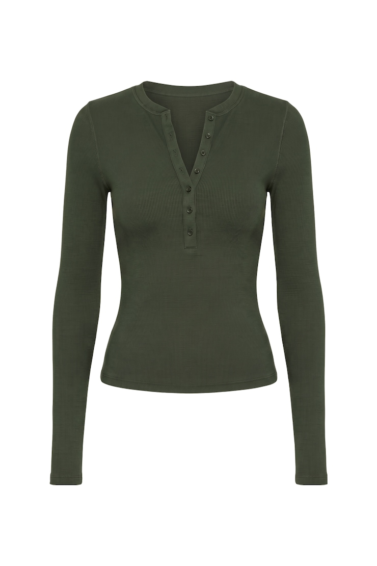 SnatchRib Crewneck Henley Long Sleeve Top, Olive Obsession, large