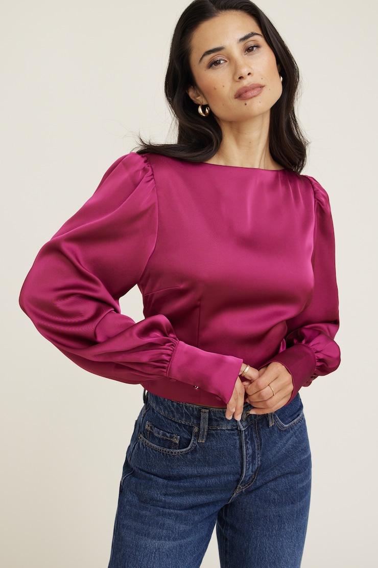 Faye Cropped Boat Neck Satin Blouse Raspberry Radiance Pink large