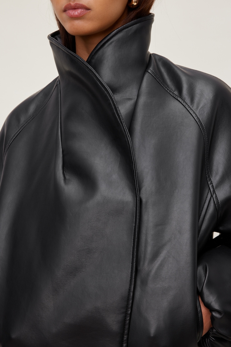 Wrap Faux Leather Bomber Jacket Jet Black large