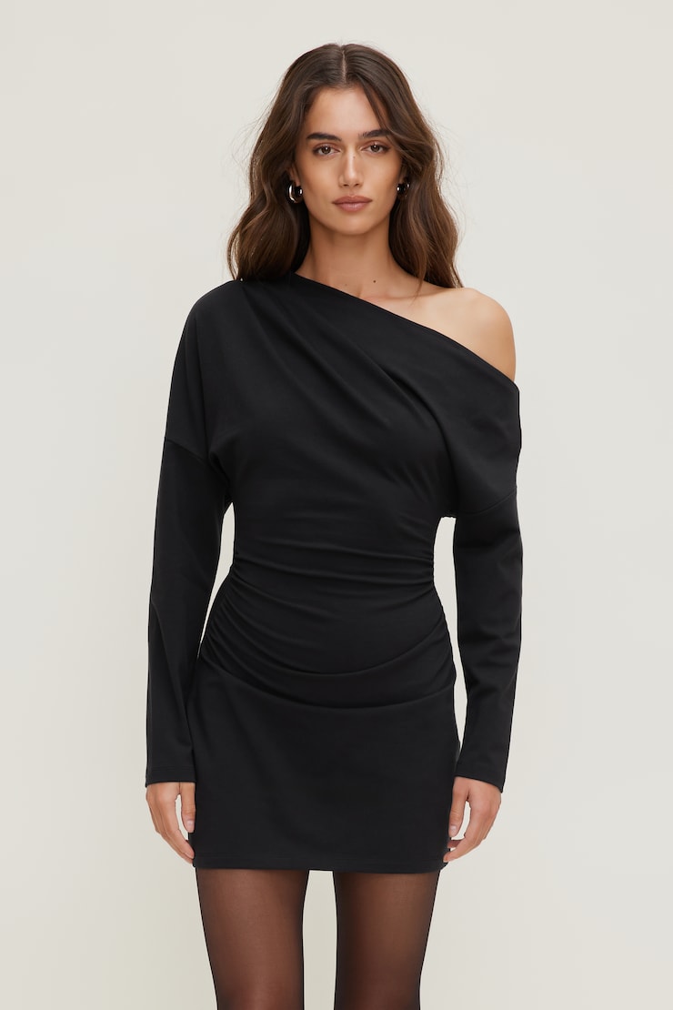 Alexa Cotton Long Sleeve Mini Dress Jet Black large