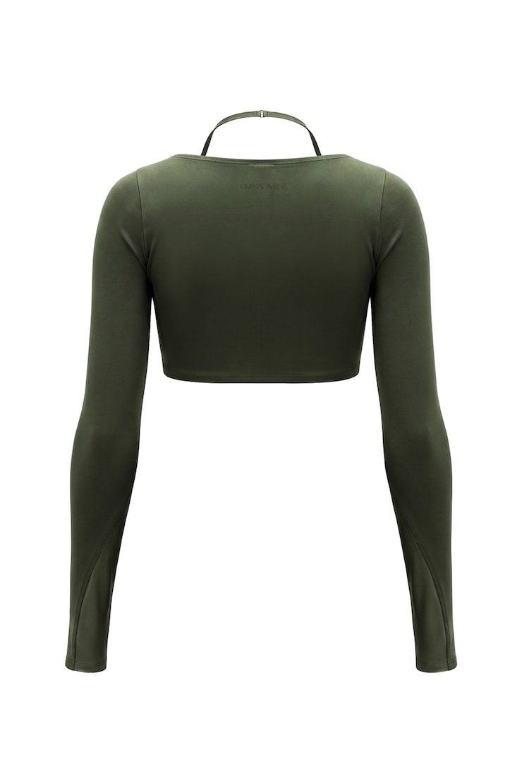 Active Layered Mesh Long Sleeve Top, Olive Obsession, large