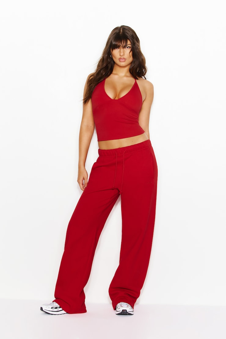 Sleek Plunge Halter Top, Scarlet Flame Red, large