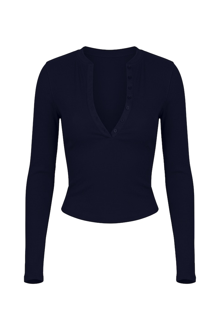 SnatchRib Crewneck Henley Long Sleeve Top, Naughty Navy Blue, large