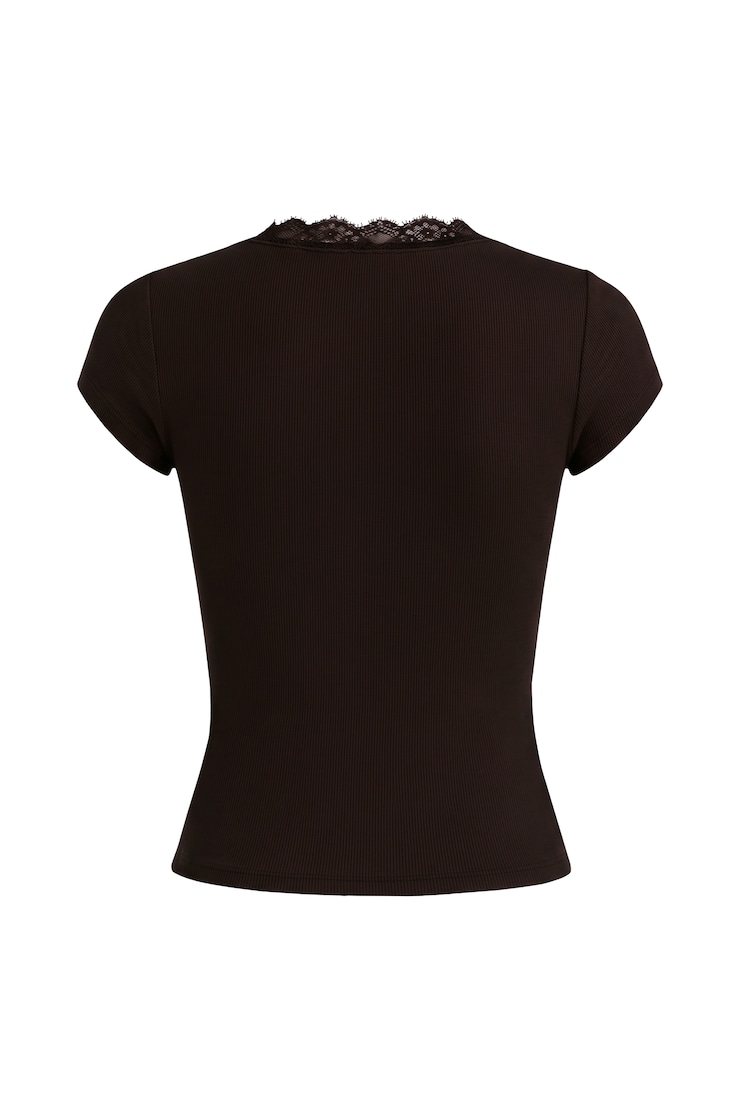 SnatchRib Plunge Lace Trim T-Shirt, Chocolate Mousse Brown, large