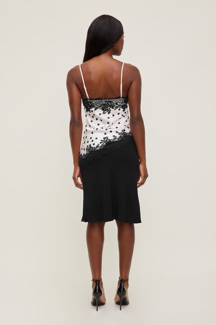 Cassie Asymmetric Lace Satin Cami Off white w/Black Polka Dots large
