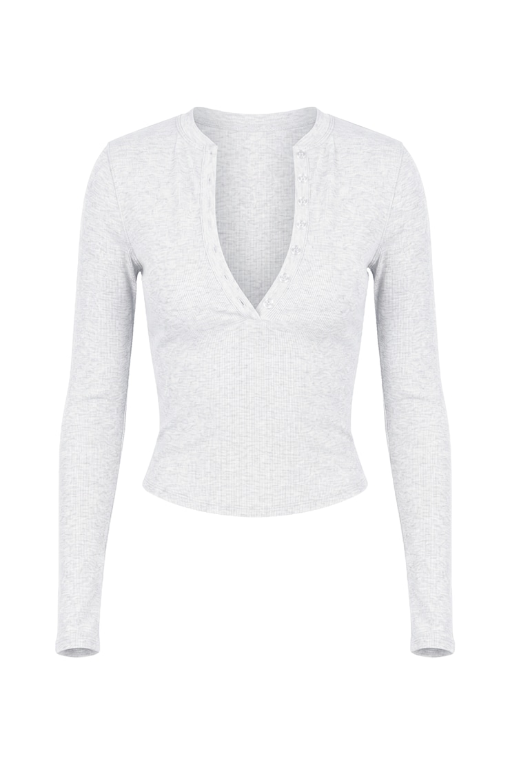 SnatchRib Crewneck Henley Long Sleeve Top, Spring Grey Mix, large