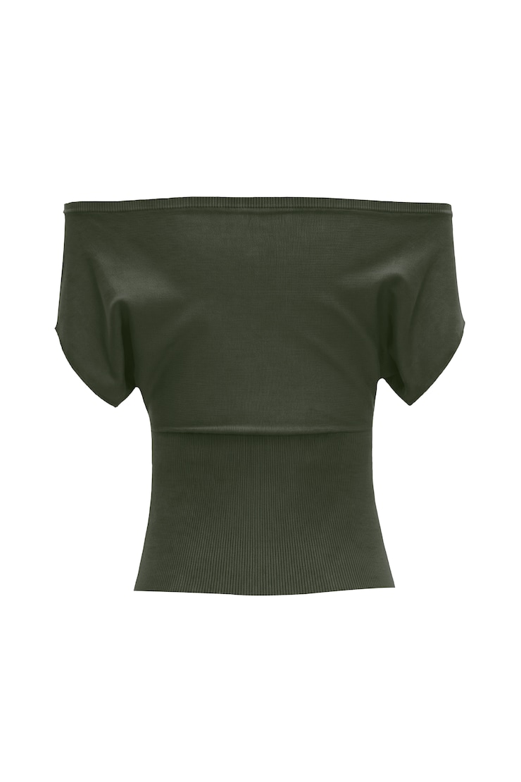 Off Shoulder Short Sleeve Cinch Waist Top, Olive Obsession, large